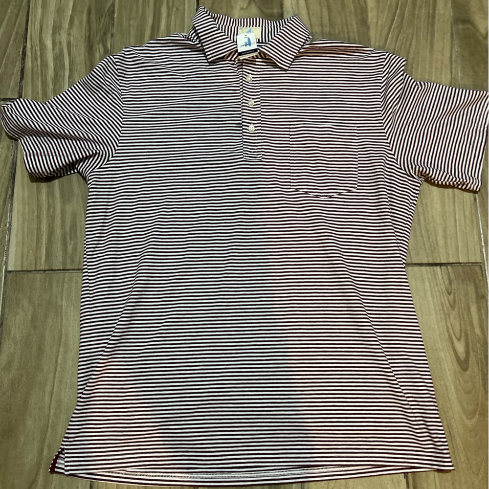 Johnnie O pocket polo, cotton, maroon stripes, men's L,  $85, four-button NWT